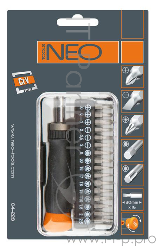 Отвертка NEO 04-228 со сменными битами (17пр)