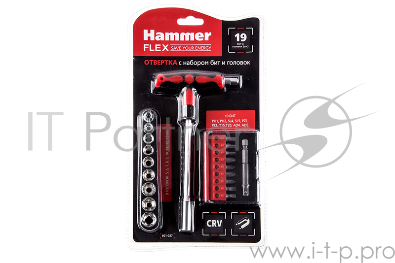 Отвертка Hammer Flex 601-027 с набором бит и головок (19 шт.) Т-образная рукоятка, CRV