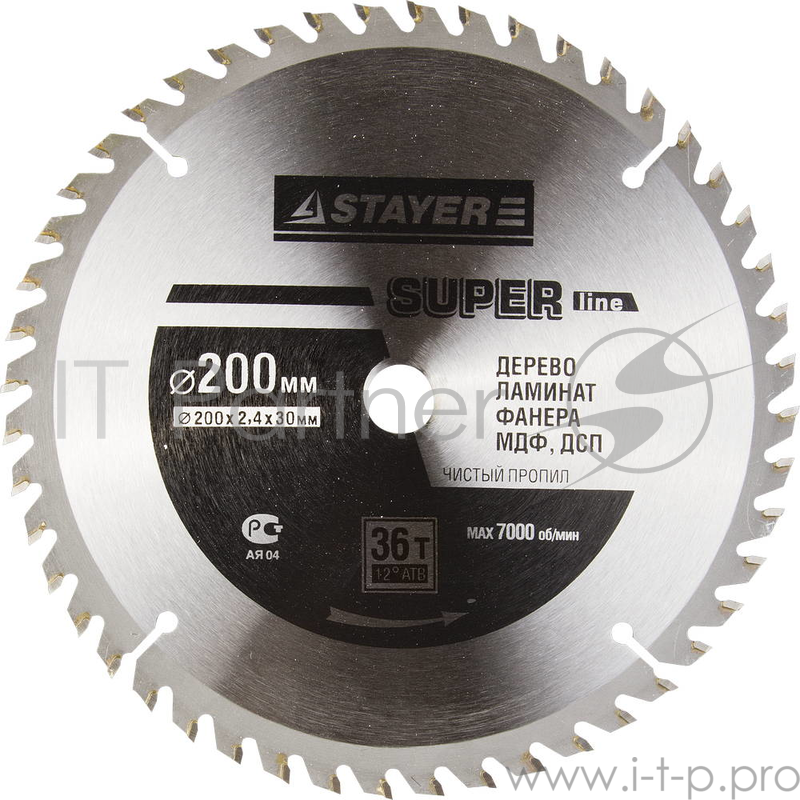 Круг пильный твердосплавный STAYER MASTER 3681-200-30-36 opti-line по дереву 200х30мм 36T