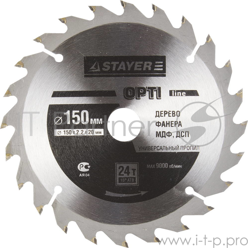 Круг пильный твердосплавный STAYER MASTER 3681-150-20-24 opti-line по дереву 150х20мм 24T