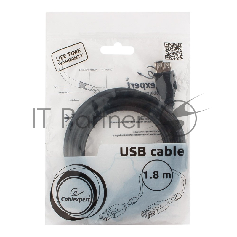 Кабель Cablexpert Кабель удлинитель USB2.0 Pro CCF2-USB2-AMAF-6, AM/AF, 1.8м, экран, 2феррит.кольца, черный, пакет