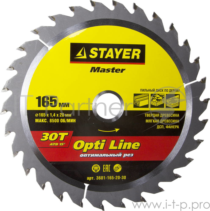 Круг пильный твердосплавный STAYER MASTER 3681-165-20-30 opti-line по дереву 165x20мм 30T