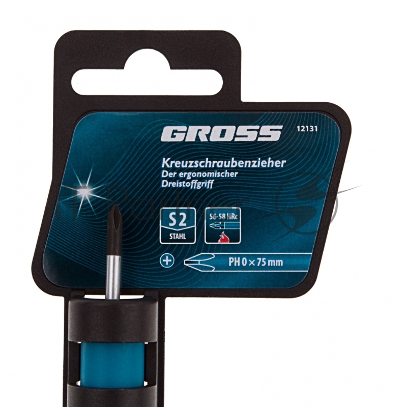 Отвертка GROSS 12131 PH0 x 75 мм S2, трехкомпонентная рукоятка