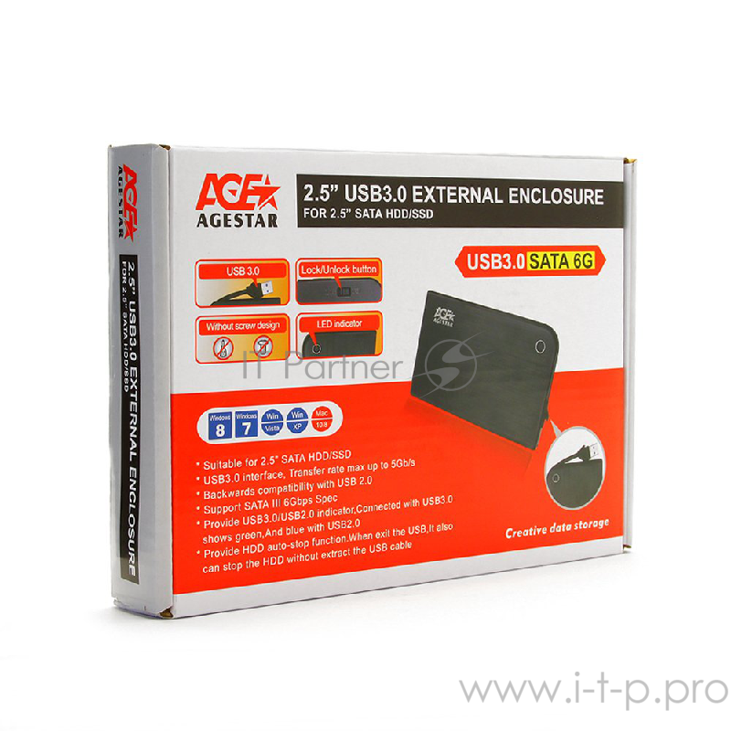 Контейнер для HDD AgeStar 3UB2A14 BLACK USB 3.0 Внешний корпус 2.5 SATA AgeStar 3UB2A14 (BLACK) USB3.0, алюминий, черный, безвинтовая конструкция 10604