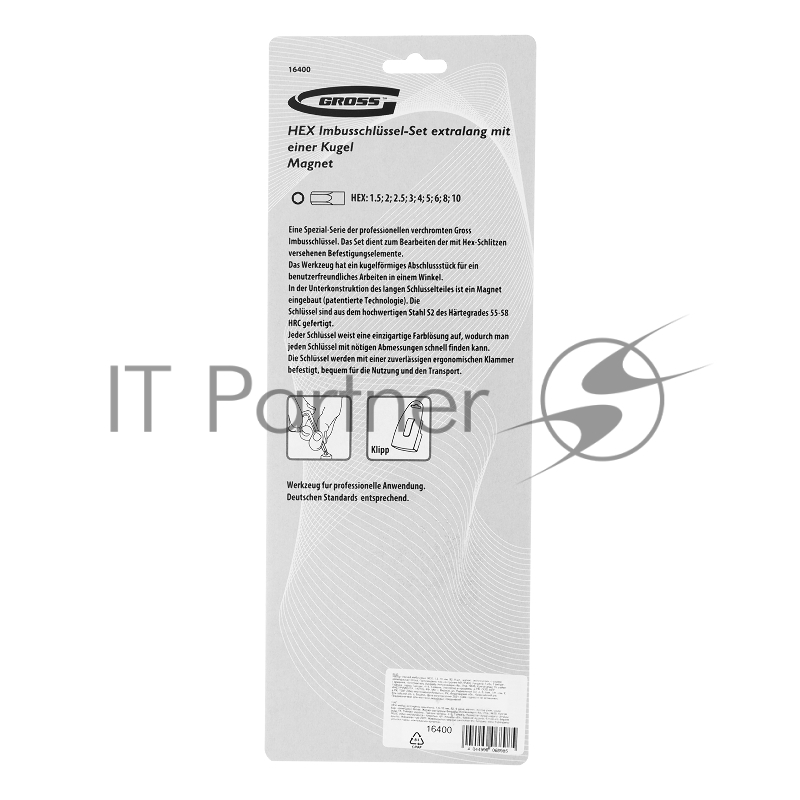 Набор ключей GROSS 16400 имбусовых hex 1.5–10мм s2 9шт магнит экстра-длин. с шаром хром/краска