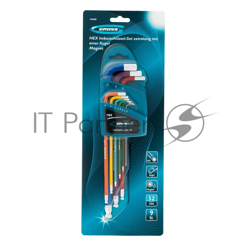 Набор ключей GROSS 16400 имбусовых hex 1.5–10мм s2 9шт магнит экстра-длин. с шаром хром/краска