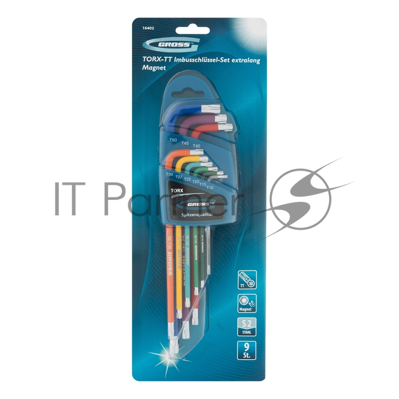 Набор ключей GROSS 16402 имбусовых torx-tt 9шт: t10-t50 магнит s2 экстра-длин. хром/краска 9шт.
