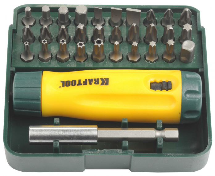 Наборы отверток Набор KRAFTOOL Отвертка реверсивная с битами и адаптером, Cr-V, 32 предмета 26142-H32