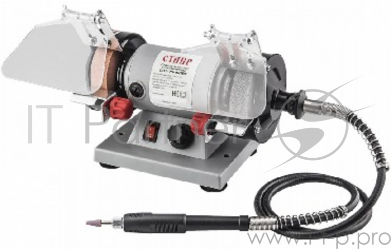 Станок заточной Ставр СЗЭ-75/150 ВГ (4шт) 150Вт, число оборотов 0-10000 об/имн, круг 75*20мм, посадочный размер 10мм, размер цанги 2,5-3мм, гибкий вал 1м, шлифовальный и полировальный круги