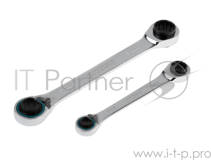 Набор ключей накидных GROSS 14893 с трещоткой, 8 - 19 мм, 2 шт., многоразмерные, реверсивные, CrV
