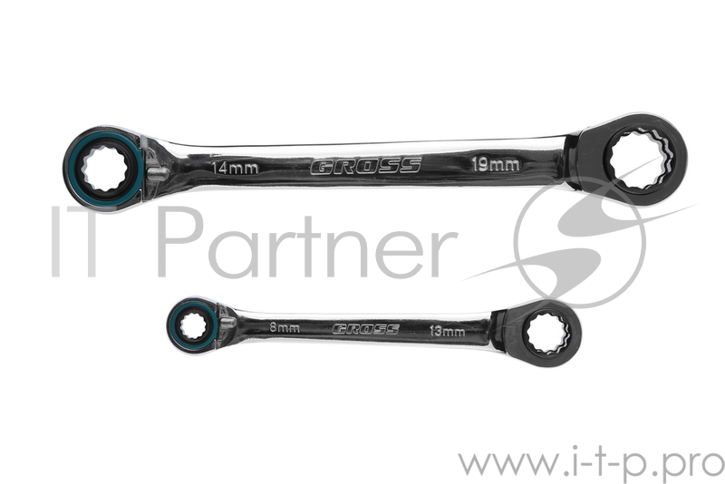 Набор ключей накидных GROSS 14893 с трещоткой, 8 - 19 мм, 2 шт., многоразмерные, реверсивные, CrV
