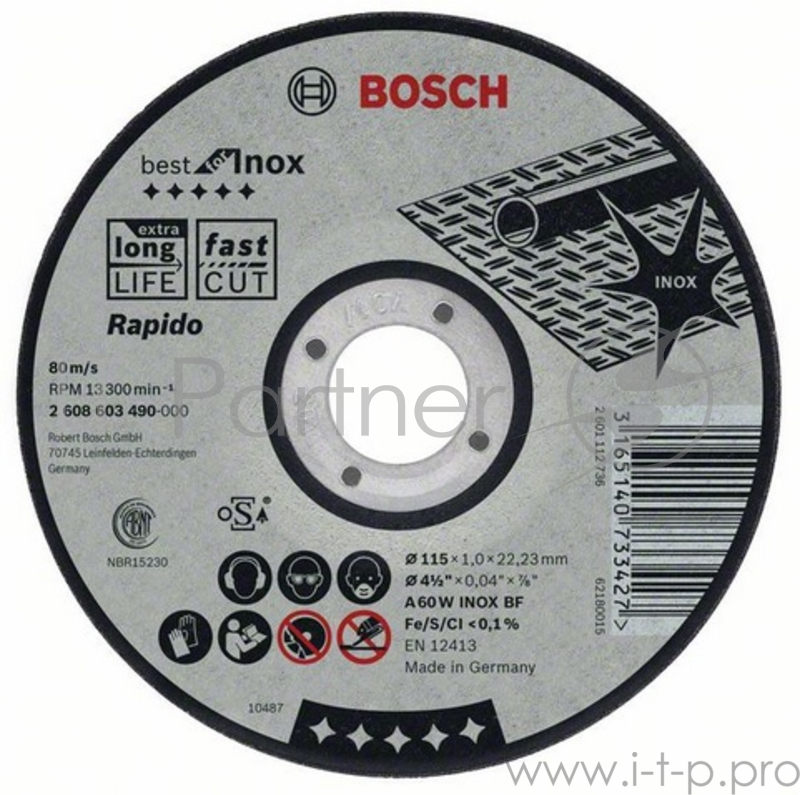 Круг отрезной BOSCH Best for Inox 115x1,0x22по нерж., выпуклый (2.608.603.491) 115 Х 1,0 Х 22 по не