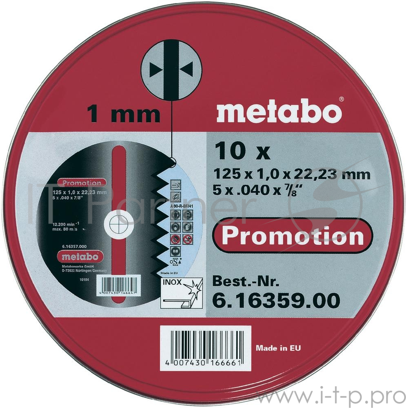 Круг отрезной METABO 125 Х 1 Х 22мм 10шт. в мет.коробке (616359000) по нержавеющей стали