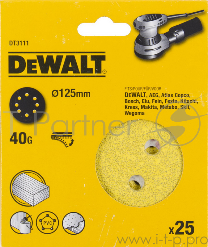 Круг фибровый DeWALT DT3111-QZ для эксц.шлифмашин, 125мм, 8 отв., 40G, 25шт.