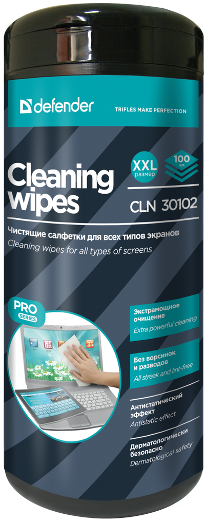 Чистящие средства DEFENDER CLN 30 102 Влажные чистящие салфетки PRO SERIES в пласт. тубе, 100шт.