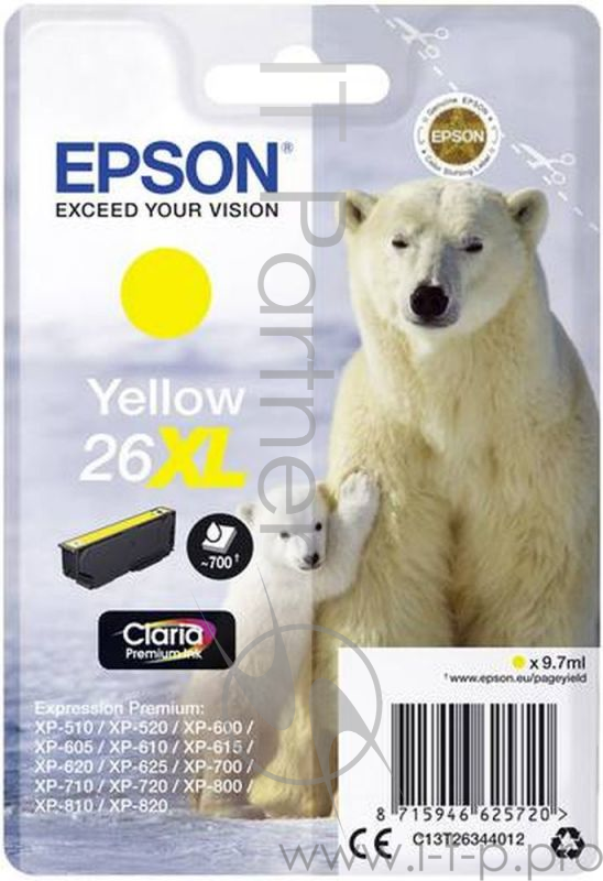 Расходные материалы EPSON C13T26344010/4012 Картридж Epson XP-600, XP-605, XP-700, XP-800, Желтый. 26XL YE (cons ink)