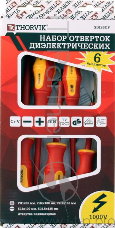 Набор отверток THORVIK SDIS6CP стержневых диэлектрических VDE, 6 предметов
