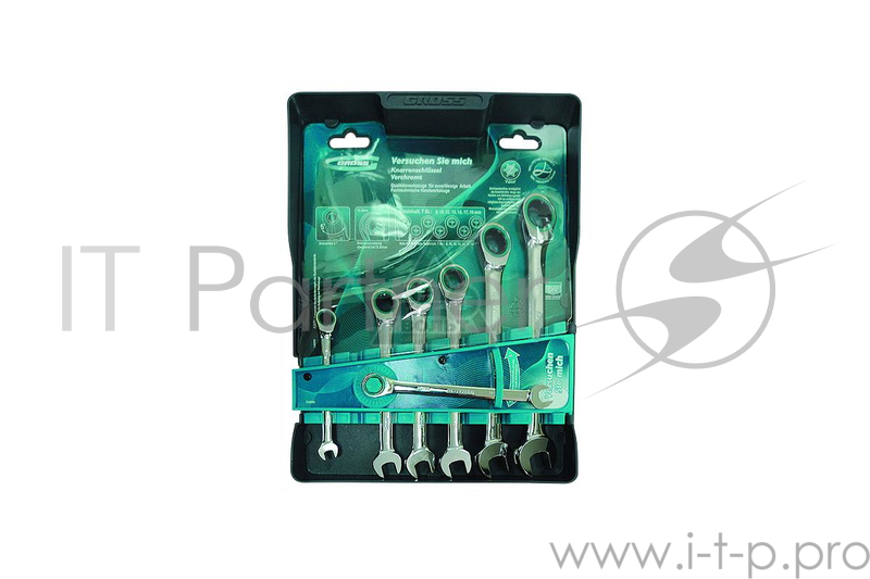 Набор ключей комбинированных GROSS 14890 с трещоткой, 8 - 19 мм, 7шт., CrV