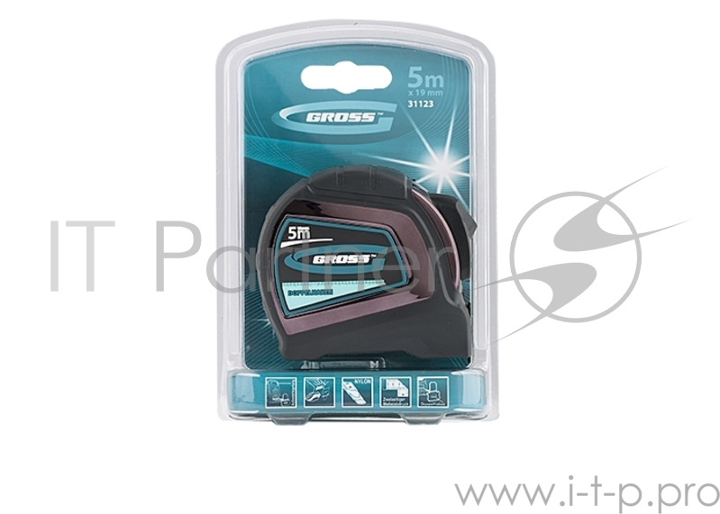 Рулетка GROSS 31123 doppelhaken 5м x 19мм двухсторонний зацеп нейлон двуст. шкала автоматич