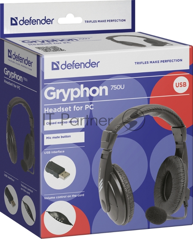 Наушники Defender Gryphon 750U USB, черный, 1.8м кабель 63752