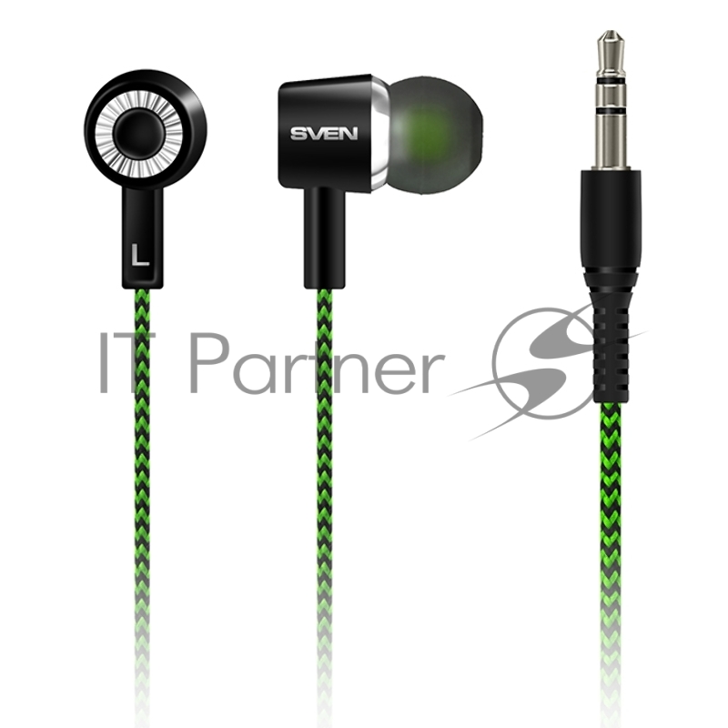 Наушники SVEN E-107, черный-зелёный наушиники {103 Дб, mini jack 3.5 mm}