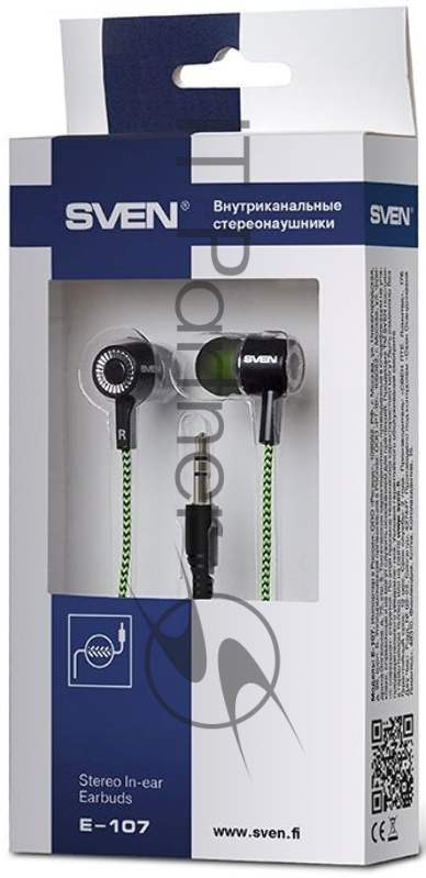 Наушники SVEN E-107, черный-зелёный наушиники {103 Дб, mini jack 3.5 mm}