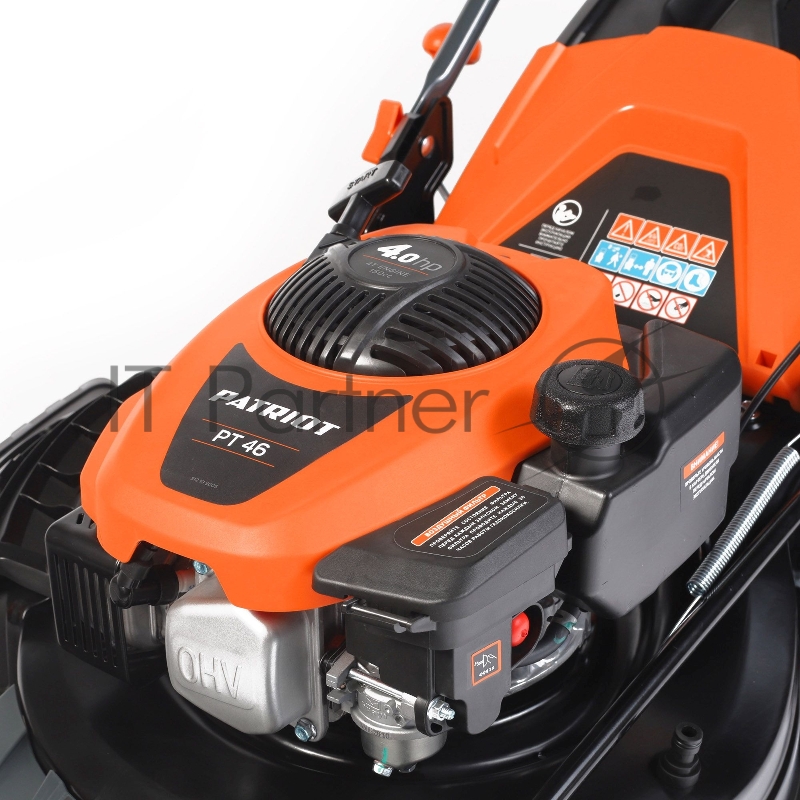 Газонокосилки Газонокосилка бензиновая PATRIOT PT 41LM 512109005 {Рабочий объем 123сс, мощность 3.5л.с., рабочая ширина 42см, регул. высоты 30-75мм прорезин. колеса 152-178мм, травосбор. 40л, функц. мульчир.}