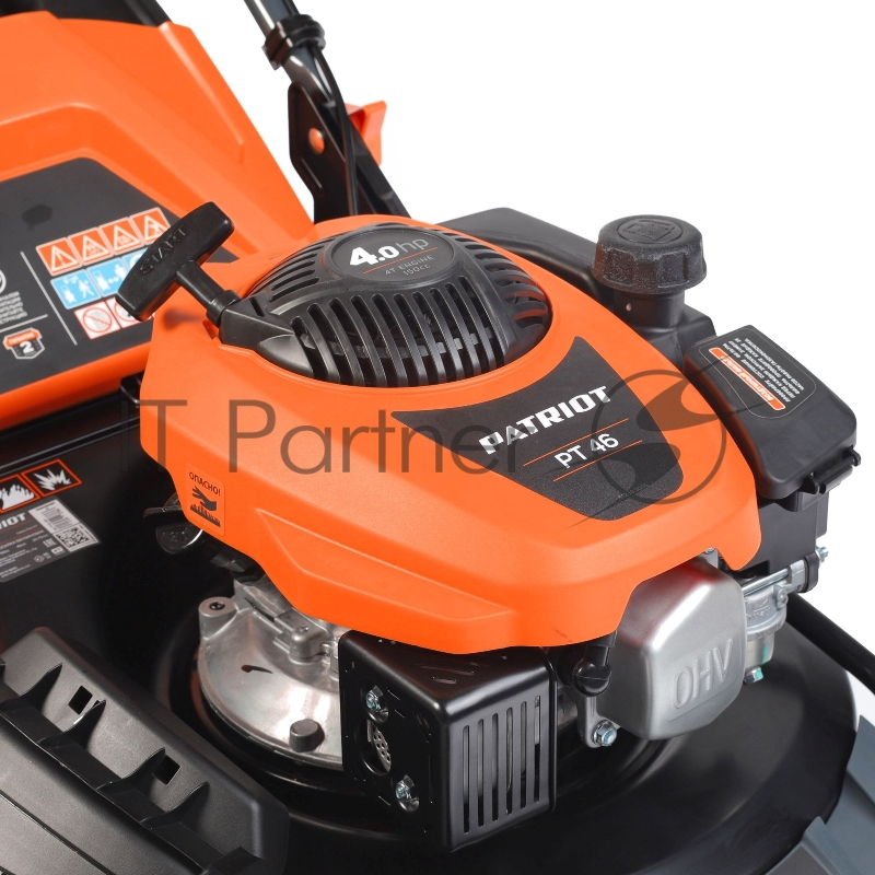 Газонокосилки Газонокосилка бензиновая PATRIOT PT 41LM 512109005 {Рабочий объем 123сс, мощность 3.5л.с., рабочая ширина 42см, регул. высоты 30-75мм прорезин. колеса 152-178мм, травосбор. 40л, функц. мульчир.}