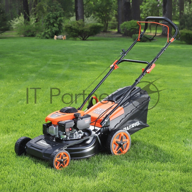 Газонокосилки Газонокосилка бензиновая PATRIOT PT 41LM 512109005 {Рабочий объем 123сс, мощность 3.5л.с., рабочая ширина 42см, регул. высоты 30-75мм прорезин. колеса 152-178мм, травосбор. 40л, функц. мульчир.}