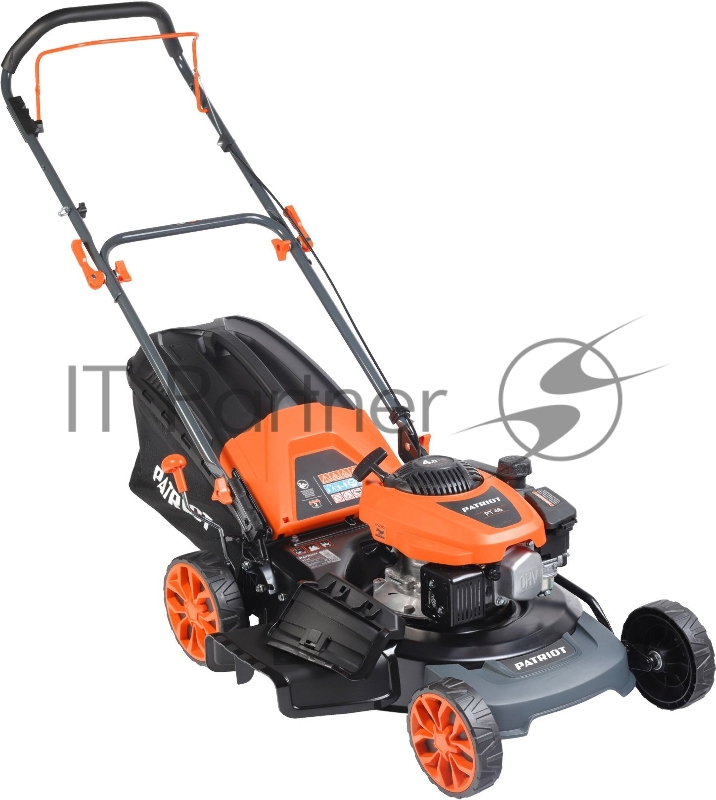 Газонокосилки Газонокосилка бензиновая PATRIOT PT 41LM 512109005 {Рабочий объем 123сс, мощность 3.5л.с., рабочая ширина 42см, регул. высоты 30-75мм прорезин. колеса 152-178мм, травосбор. 40л, функц. мульчир.}