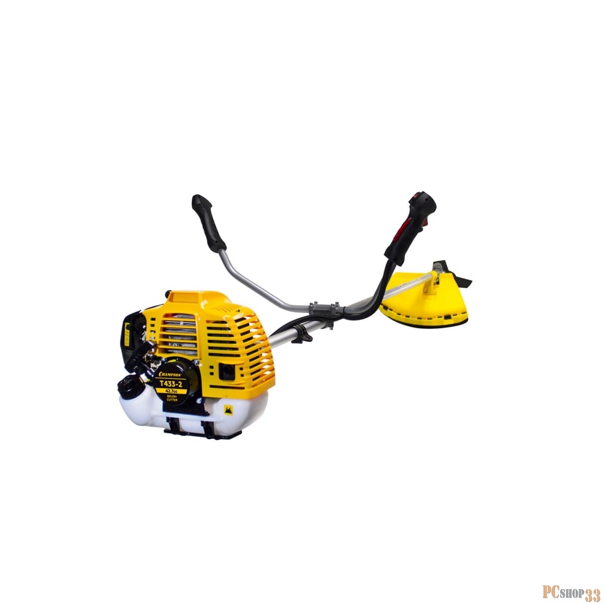 Триммер Champion T433-2 переносной триммер бензиновый 2х тактный двигатель, 43 см?, 1.7 л.с. ширина скашивания: 40 см в комплекте: леска (3 мм), фреза, плечевой ремень вес: 8.3 кг бак на 0.95 л прямая штанга уровень шума 102 дБ