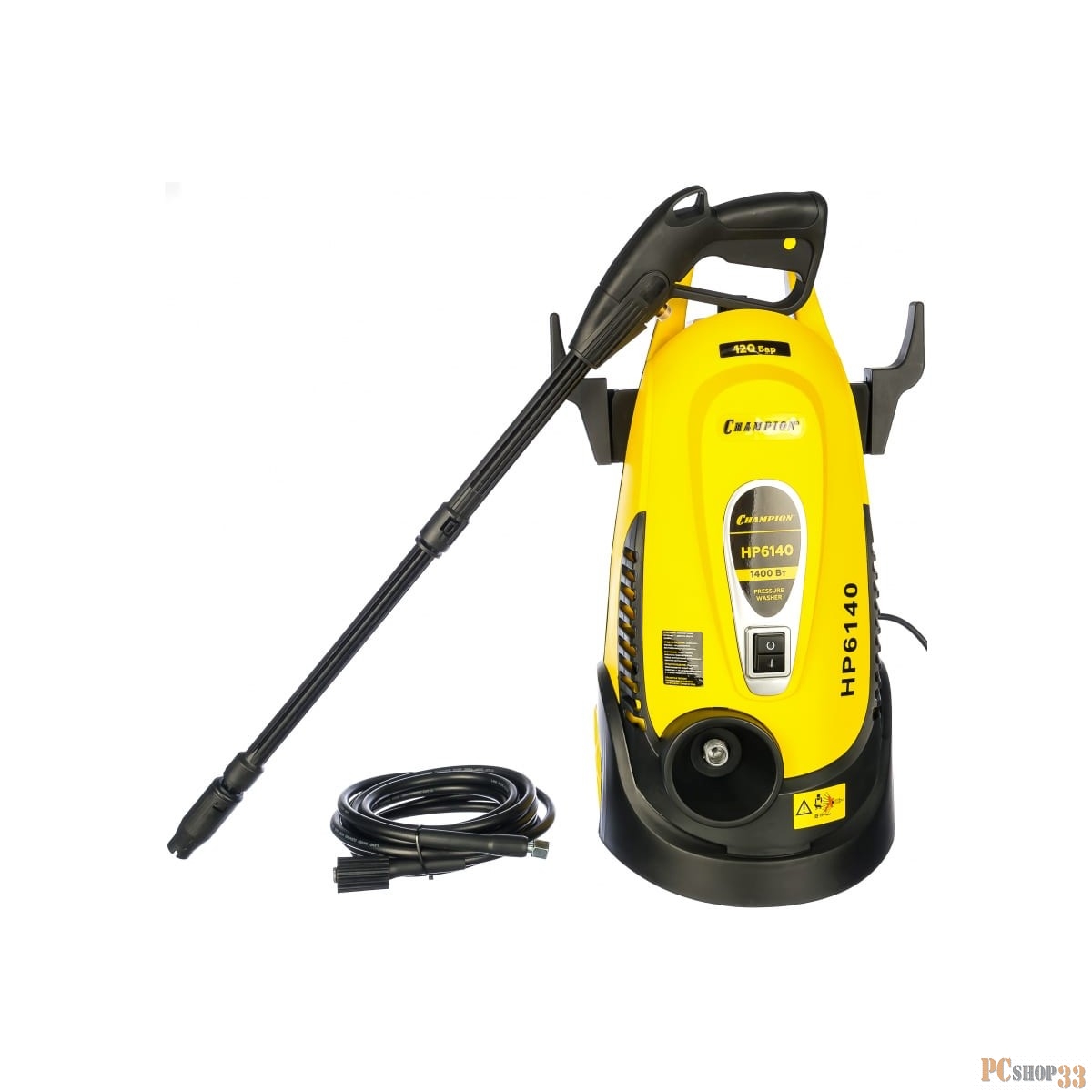 Минимойка CHAMPION HP6140(1400Вт, 120 бар, расход воды 360л/ч, шнур 5м, шланг 5м, вес 11,76кг, 1. мойка 2. шланг высокого давления 3. пистолет 4. трубка струйная 5.крючки-держатели 6. фильтр тонкой очистки 7. переходник. 8. руководство пользователя.