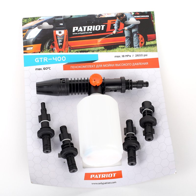 Мойки Пенокомплект PATRIOT GTR 400 322305755 {Предназначен для использования с минимойками: PATRIOT, KARCHER, BOSCH, STIHL, Black and Decker, CHAMPION, MAKITA, ELITECH, Интерскол, PRORAB, STURM.}