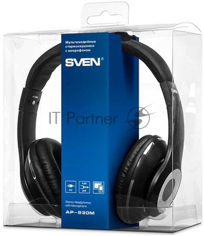 Наушники SVEN AP-930M черный-серебро {Разъем 3,5 мм, Поддержка функций управления плеером, Поддержка функции hands-free, Микрофон на кабеле, Улучшенная система передачи звука}