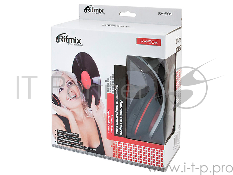 Наушники RITMIX RH-505(M) {регулятор громкости, импеданс 32 Ом, чувствительность 105 дБ, диаметр мембраны 40 мм, разъём mini jack 3.5 mm, длина провода 1.5 м, складная конструкция}