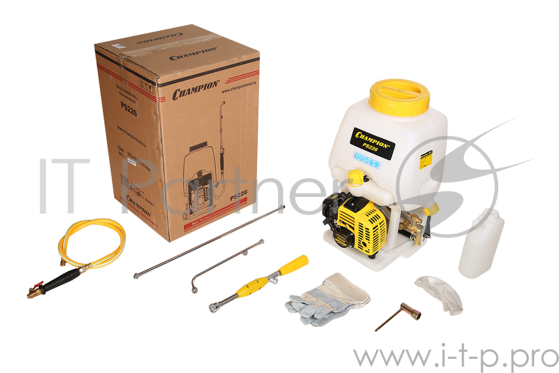 Садовый опрыскиватель CHAMPION PS226 Мощность 0,75/1 кВт/л.с., объем двигателя 25,4 см3, вес 10кг, объем топливного бака 1л, объем бака для раствора 15л, Макс. обороты 9500 обор./мин., расход жидкости при давлении 2MПa 5,1 л/мин., максимальное давлен