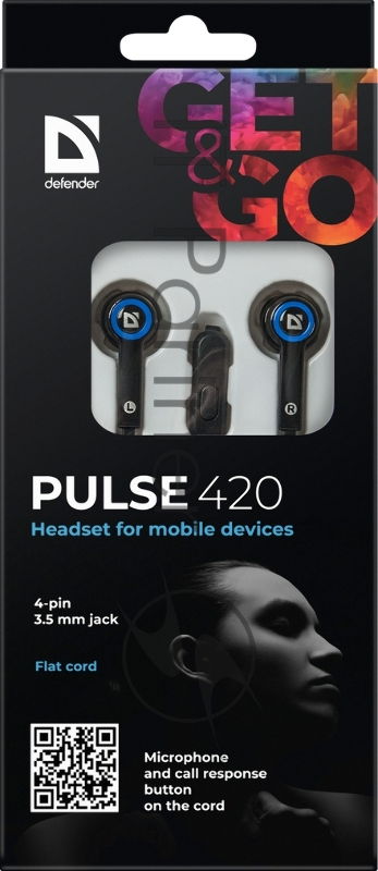 Наушники Defender Pulse 420 черный + синий, вставки 63423