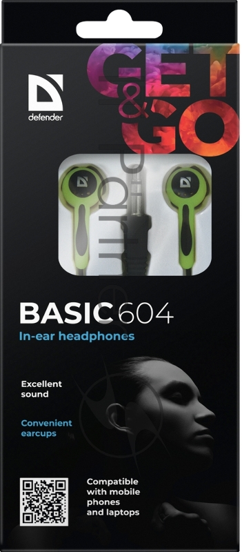 Наушники Defender Наушники вставки Basic 604 черный + зеленый 63607