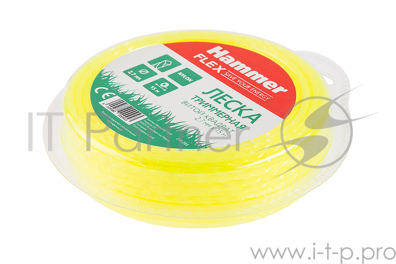 Леска триммерная Hammer Flex 216-203 2.7мм*15м сечение - витой квадрат, нож