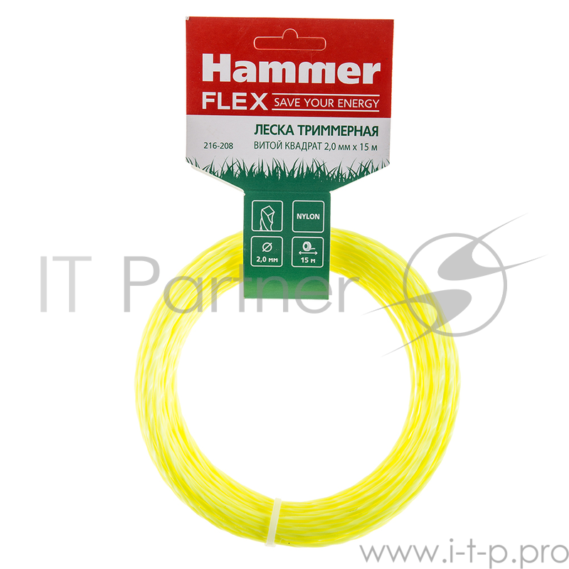Леска триммерная Hammer Flex 216-208 на подвесе, 2.0мм*15м, витой квадрат