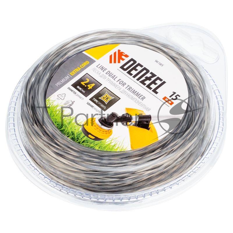 Леска для триммеров DENZEL 96185 двухкомпонентная квадратная витая 2.4ммх15м extra cord
