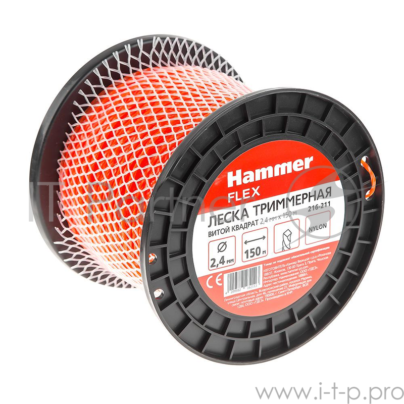 Леска триммерная Hammer Flex 216-211 2,4мм*150м сечение - витой квадрат