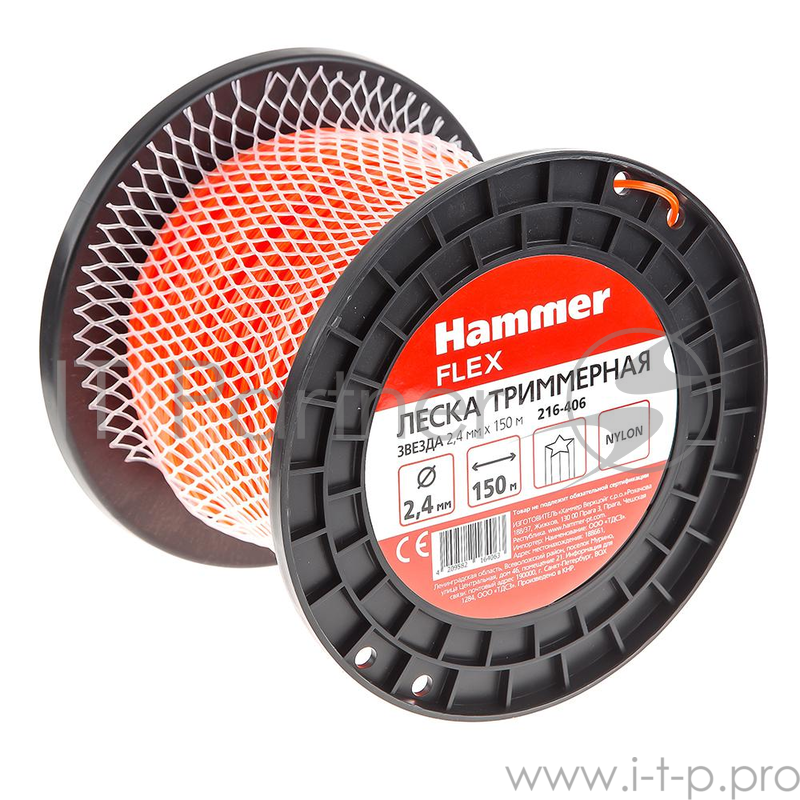 Леска триммерная Hammer Flex 216-406 2,4мм*150м сечение - звезда