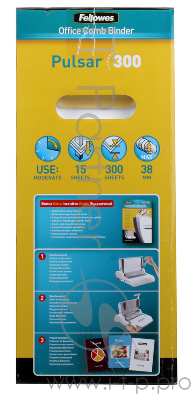 Переплетчик Fellowes Pulsar, ручная перфорация 15 листов, переплет 325 листов, селектор формата, вертикальная перфорация, измеритель диаметра пр