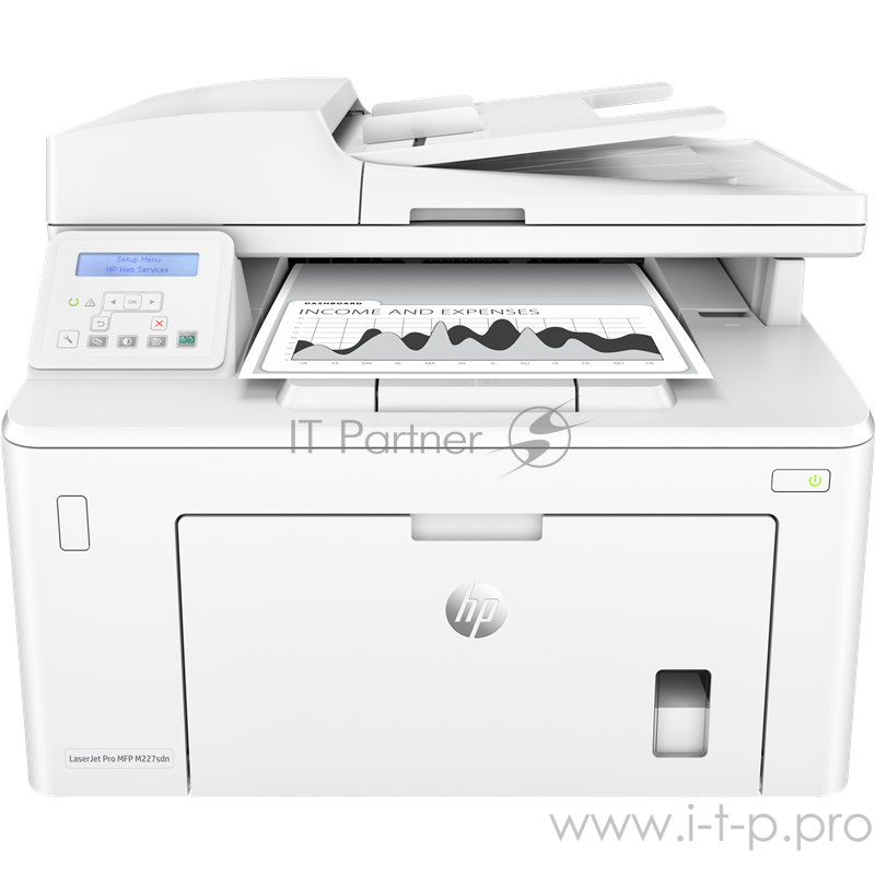 МФУ HP LaserJet Pro MFP M227sdn, лазерный принтер/сканер/копир, A4, 28ppm, 1200dpi, 256Mb, 2 trays 250+10, Duplex, ADF 35 sheets, USB/Eth, Flatbed, white, Cartridge 1600 pages in box, 1 warr, замена CF486A M225rdn)