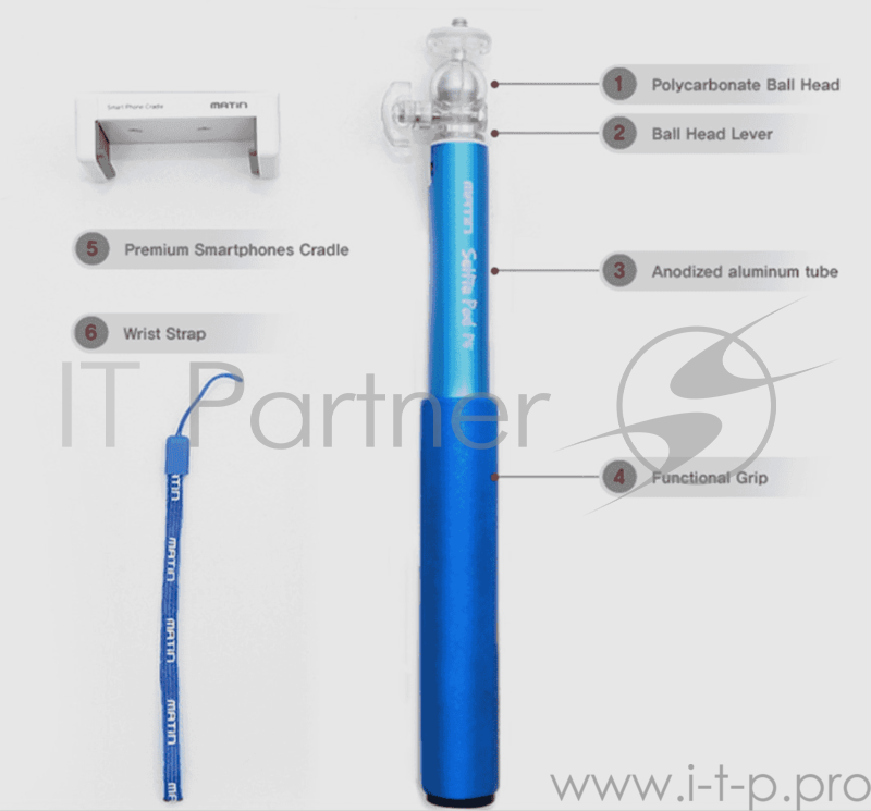 Монопод Matin SELFIE POD - P5 / GREEN, монопод для селфи, поликарбонатное верхнее крепление, зеленый