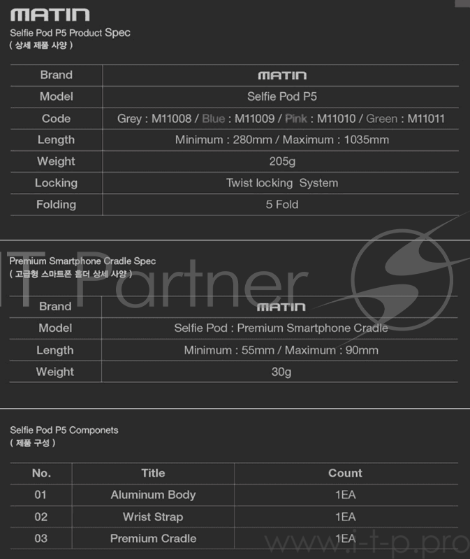 Монопод Matin SELFIE POD - P5 / GREEN, монопод для селфи, поликарбонатное верхнее крепление, зеленый