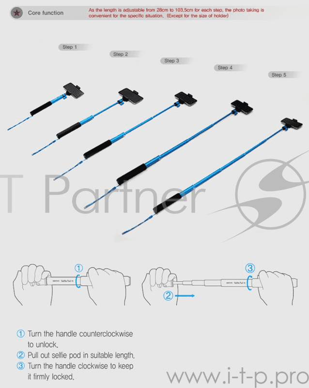 Монопод Matin SELFIE POD - A5 / PINK, монопод для селфи, алюминиевое верхнее крепление, розовый
