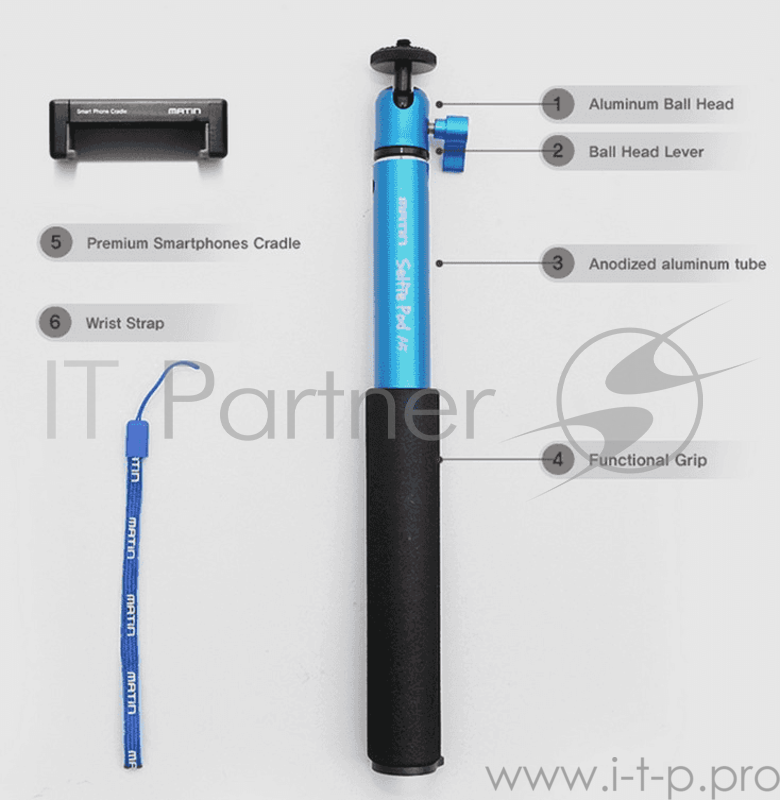 Монопод Matin SELFIE POD - A5 / BLUE, монопод для селфи, алюминиевое верхнее крепление, синий