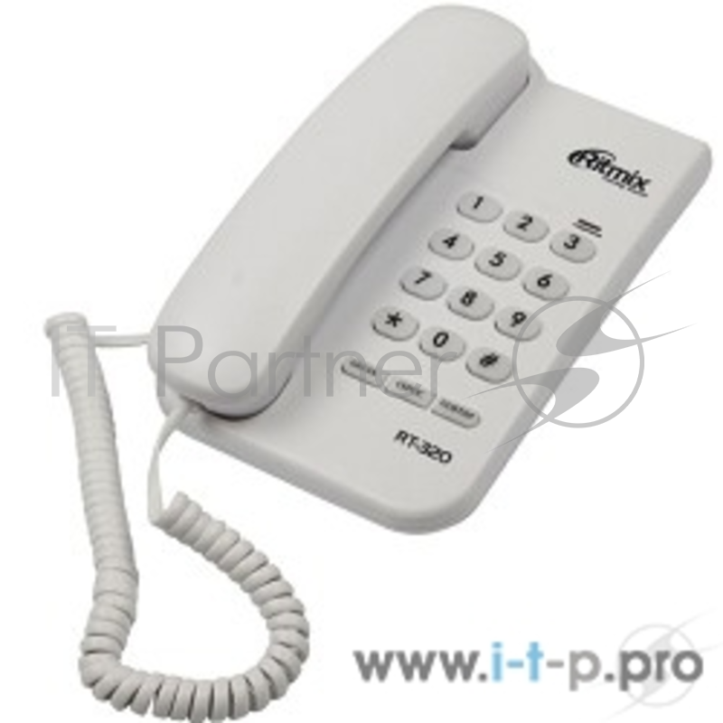 Телефон проводной RITMIX RT-320 white, без дисплея, пауза, сброс, повтор номера, световой индикатор, регулировка громкости звонка (настольн/настен)